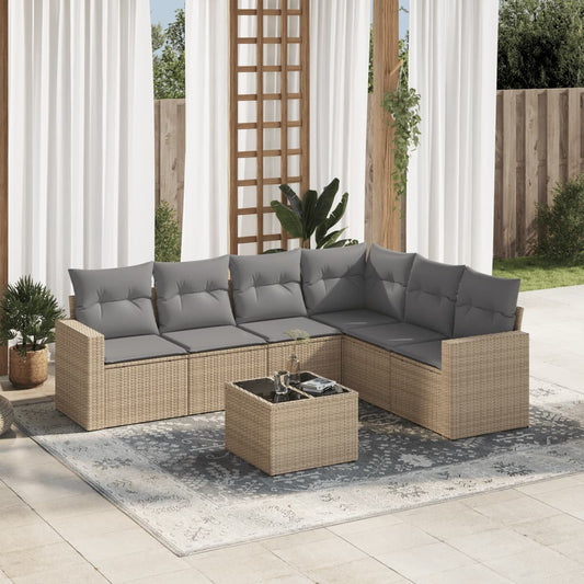 7-delige Loungeset met kussens poly rattan beige