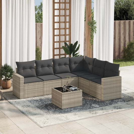 7-delige Loungeset met kussens poly rattan lichtgrijs