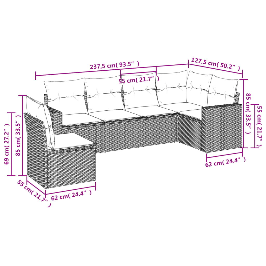 6-delige Loungeset met kussens poly rattan grijs