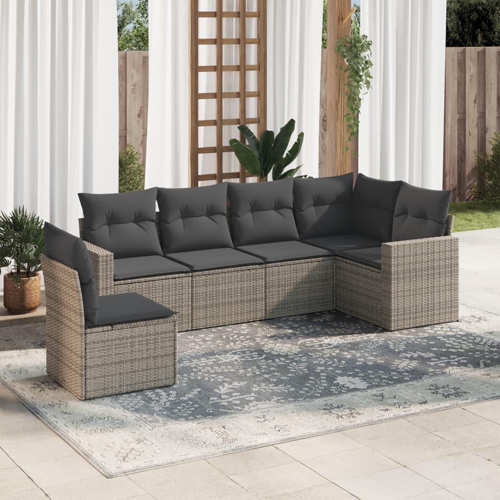 6-delige Loungeset met kussens poly rattan grijs