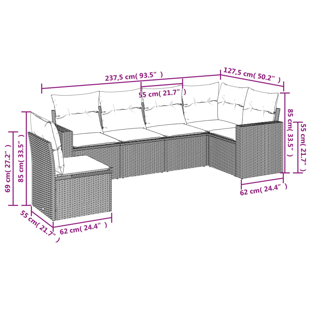 6-delige Loungeset met kussens poly rattan bruin