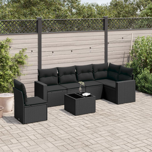 7-delige Loungeset met kussens poly rattan zwart