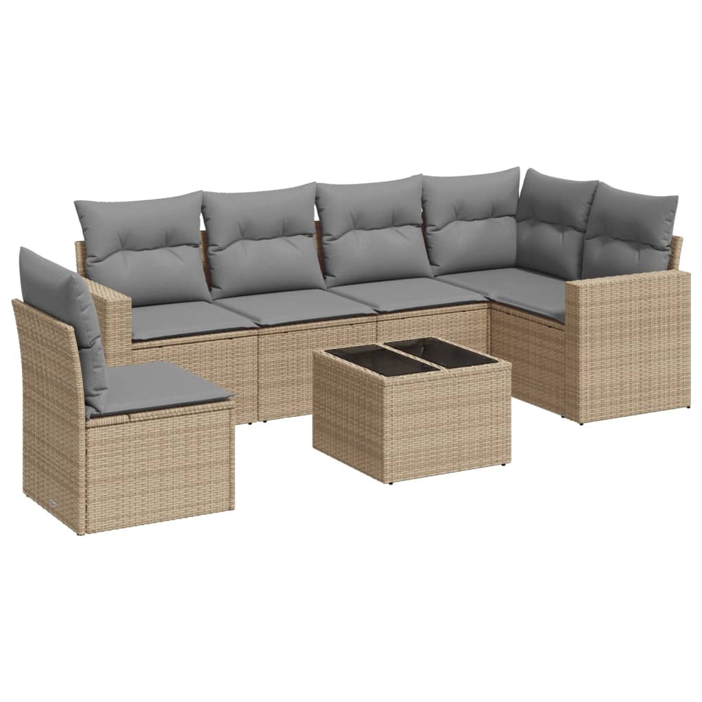 7-delige Loungeset met kussens poly rattan beige