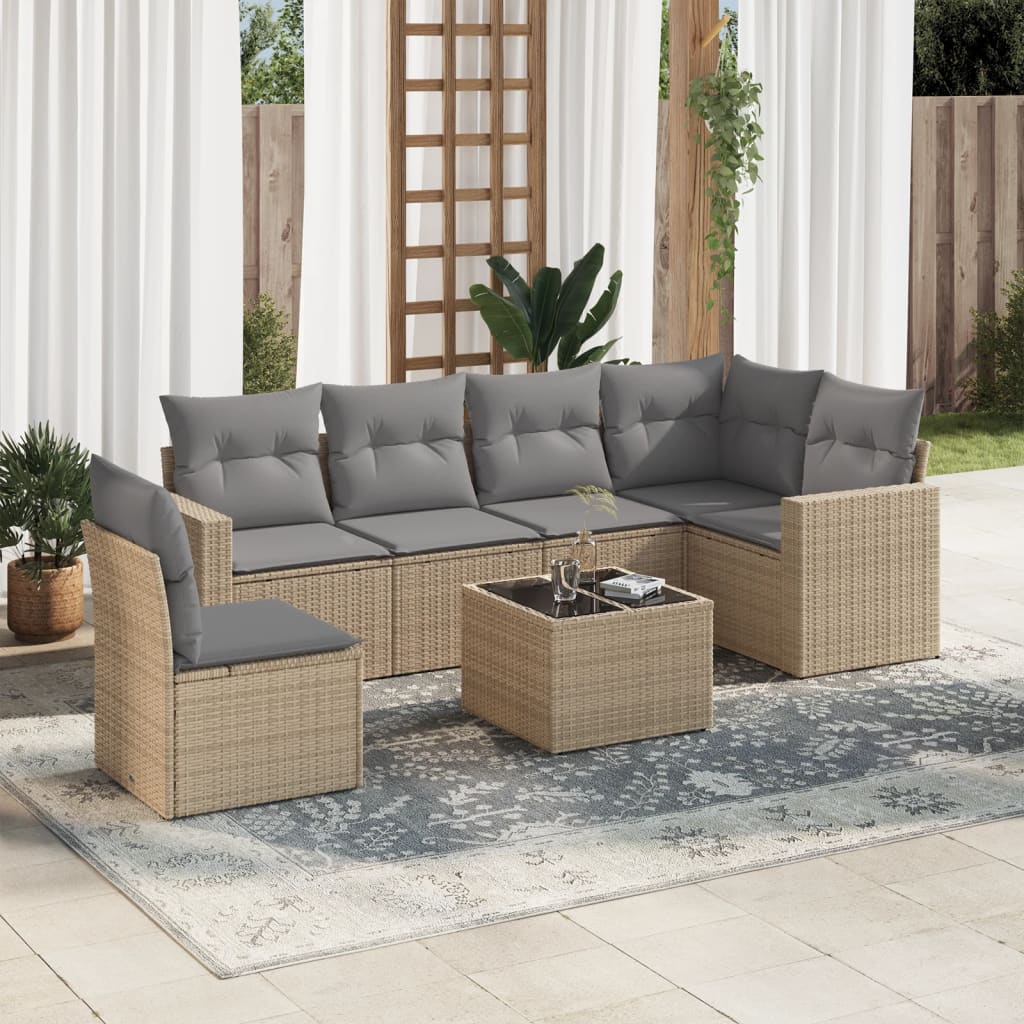 7-delige Loungeset met kussens poly rattan beige