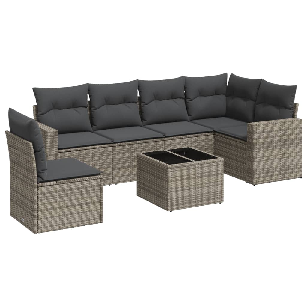 7-delige Loungeset met kussens poly rattan grijs