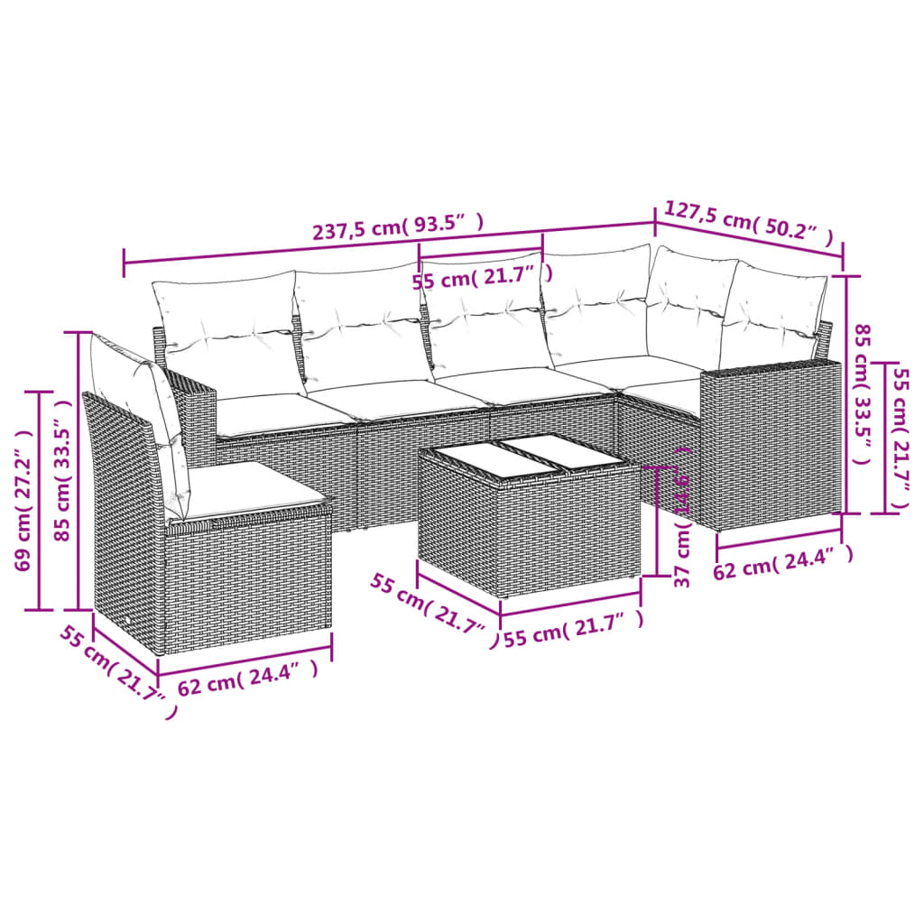 7-delige Loungeset met kussens poly rattan grijs