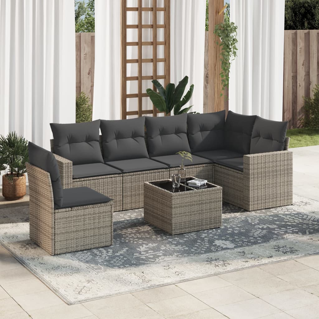 7-delige Loungeset met kussens poly rattan grijs