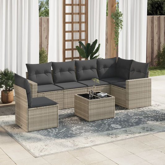 7-delige Loungeset met kussens poly rattan lichtgrijs