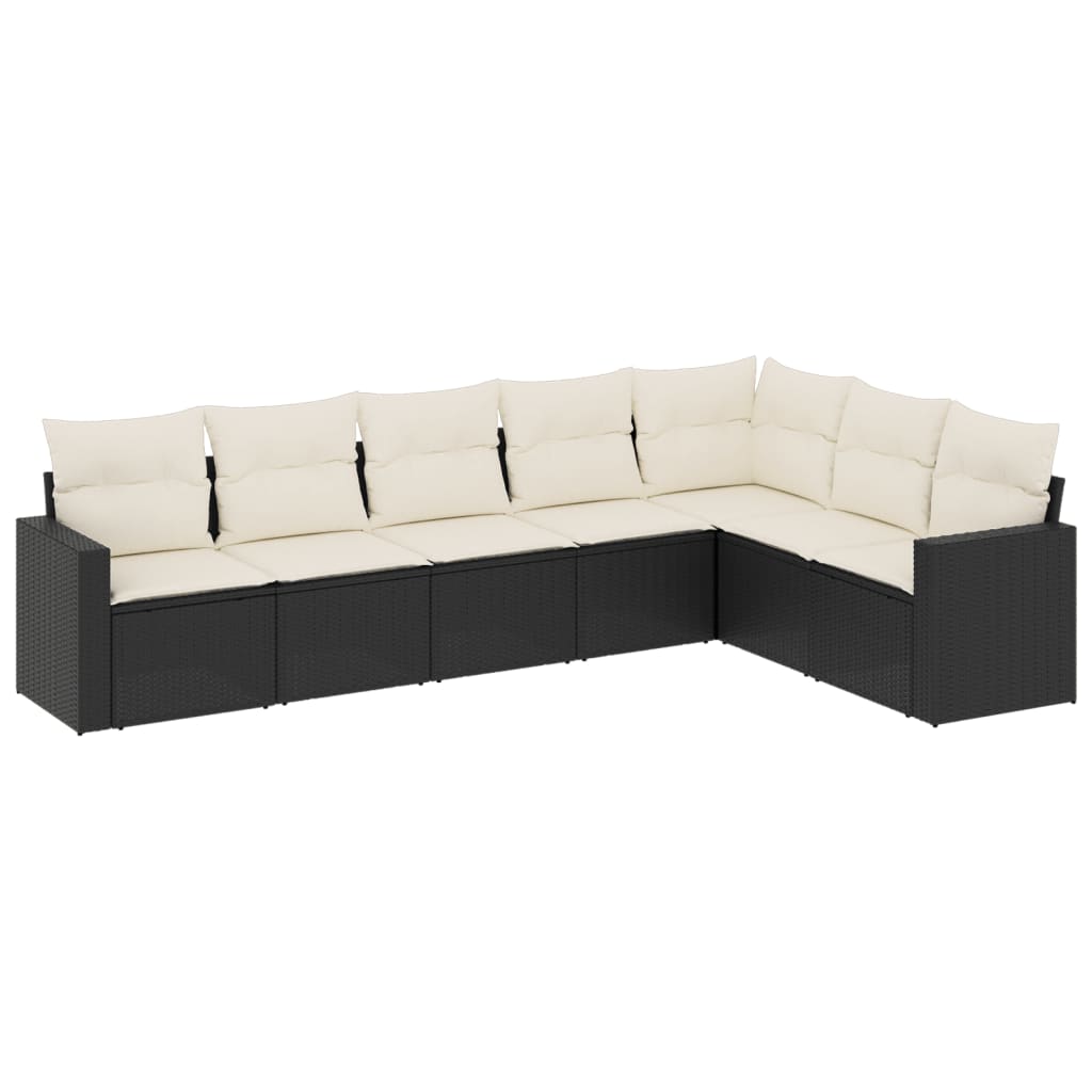 7-delige Loungeset met kussens poly rattan zwart