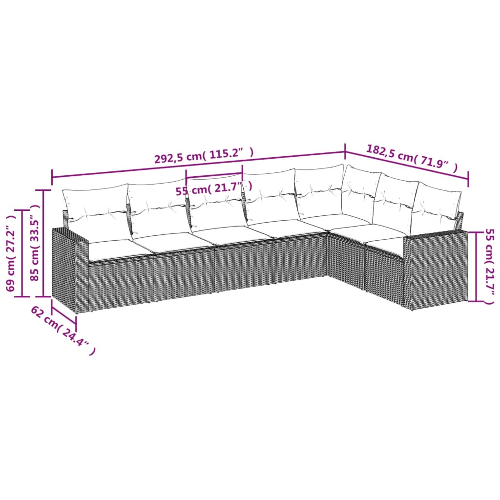 7-delige Loungeset met kussens poly rattan zwart