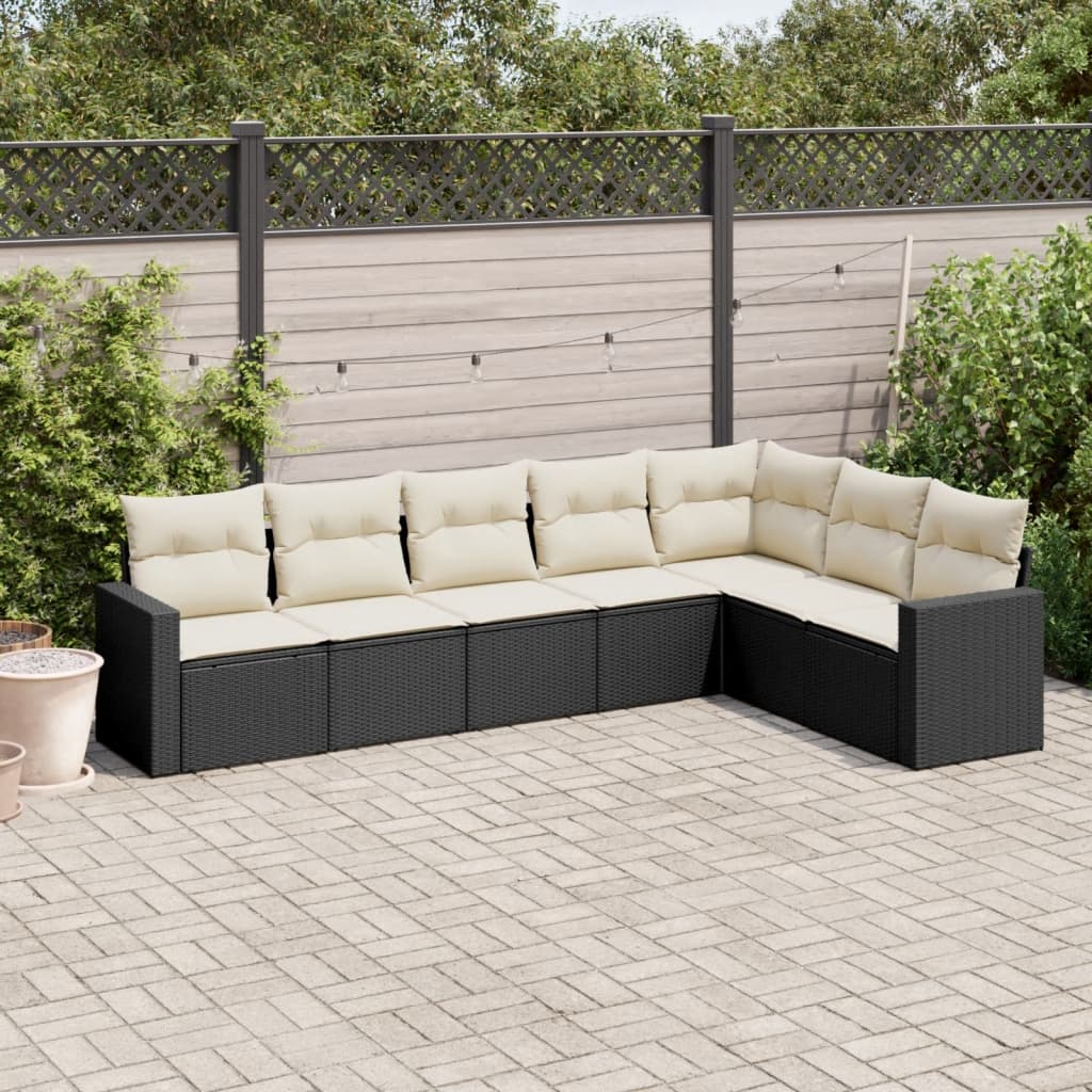 7-delige Loungeset met kussens poly rattan zwart