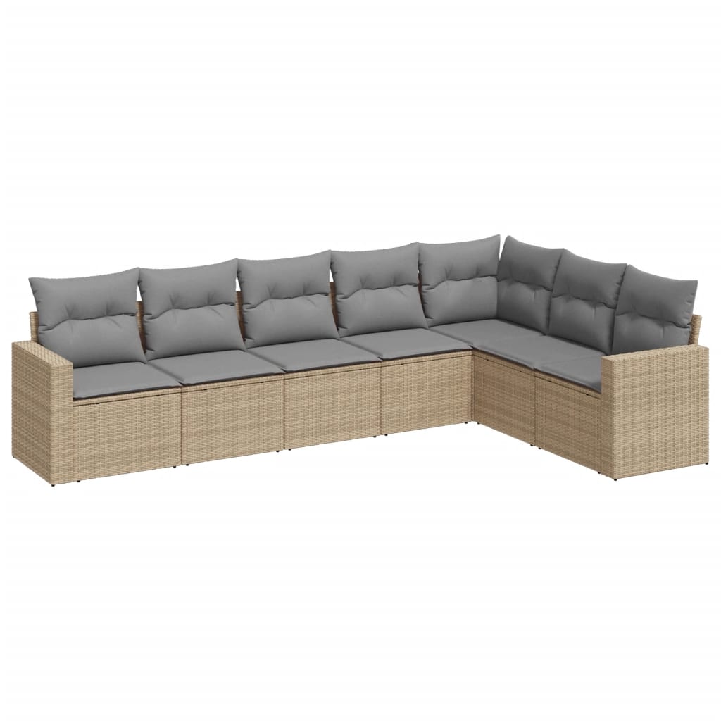 7-delige Loungeset met kussens poly rattan beige