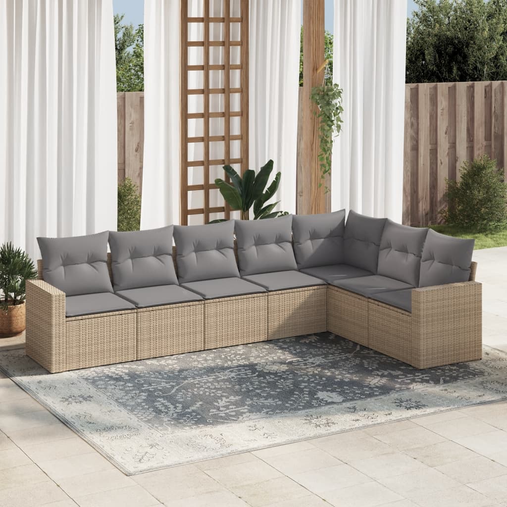 7-delige Loungeset met kussens poly rattan beige