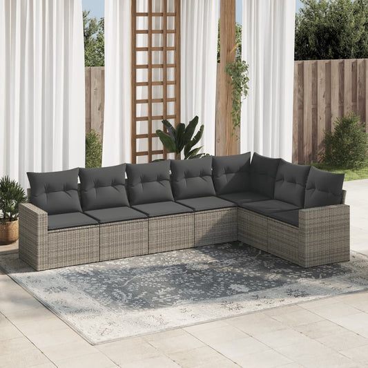 7-delige Loungeset met kussens poly rattan grijs