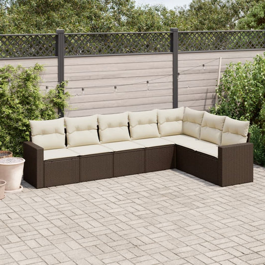 7-delige Loungeset met kussens poly rattan bruin