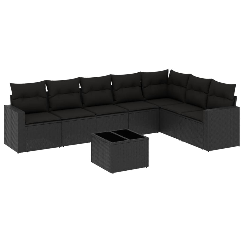 8-delige Loungeset met kussens poly rattan zwart