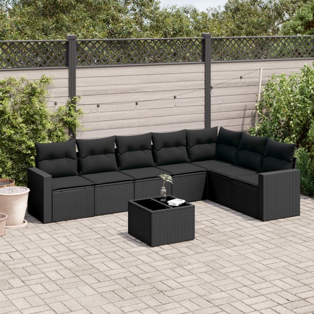 8-delige Loungeset met kussens poly rattan zwart