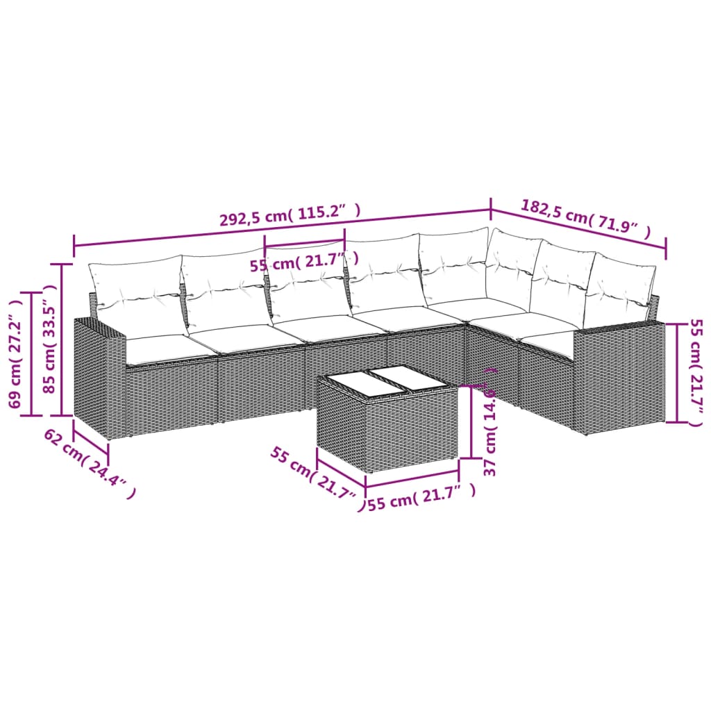 8-delige Loungeset met kussens poly rattan zwart