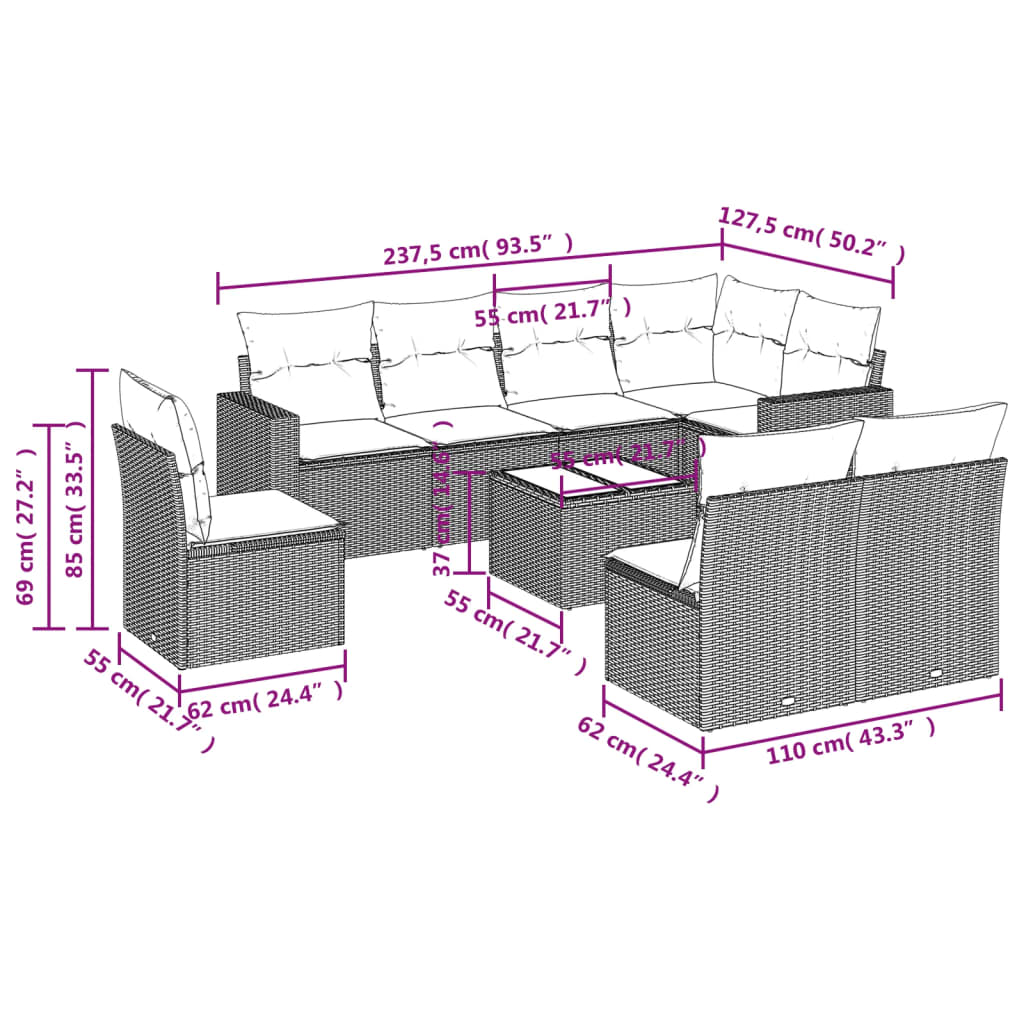 9-delige Loungeset met kussens poly rattan bruin