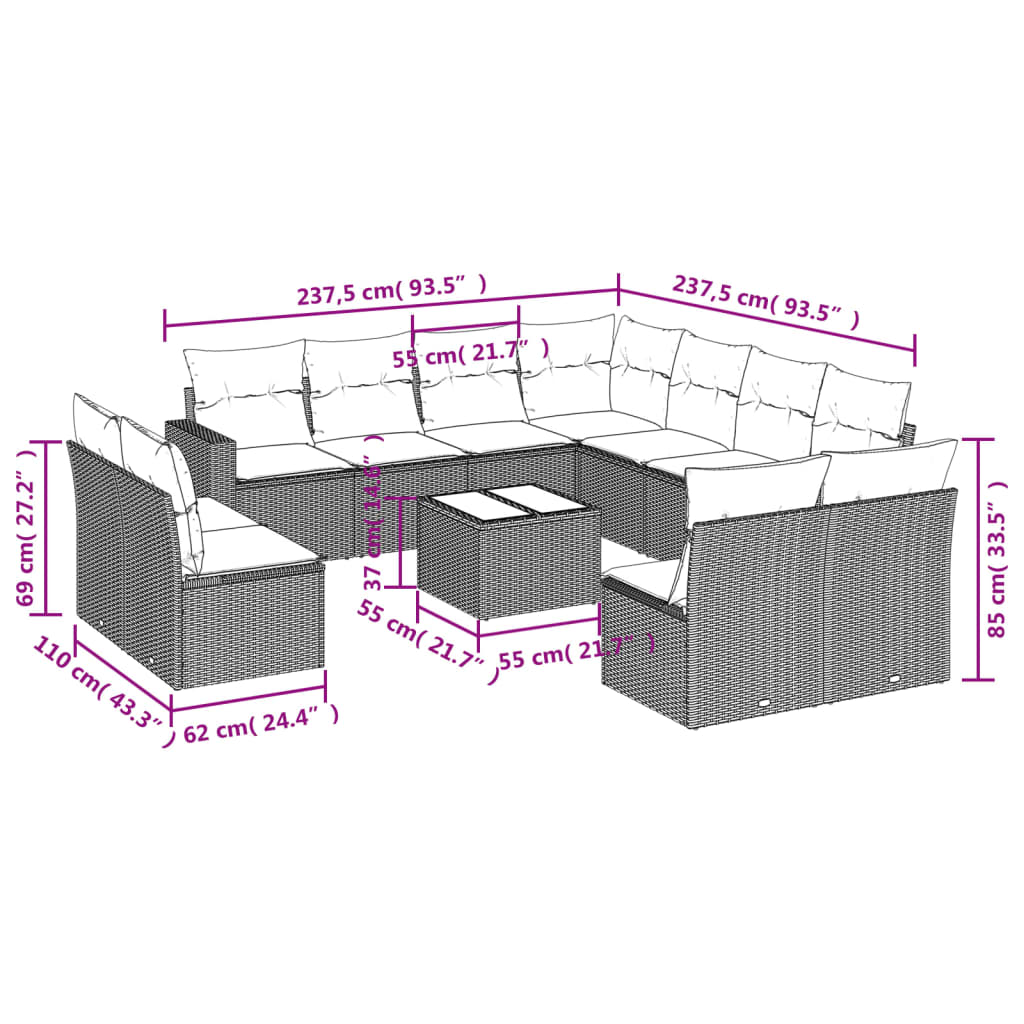 12-delige Loungeset met kussens poly rattan zwart