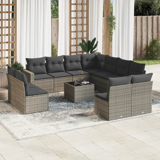 12-delige Loungeset met kussens poly rattan grijs