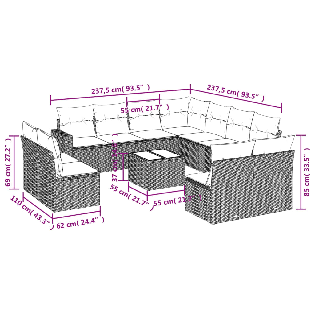 12-delige Loungeset met kussens poly rattan bruin