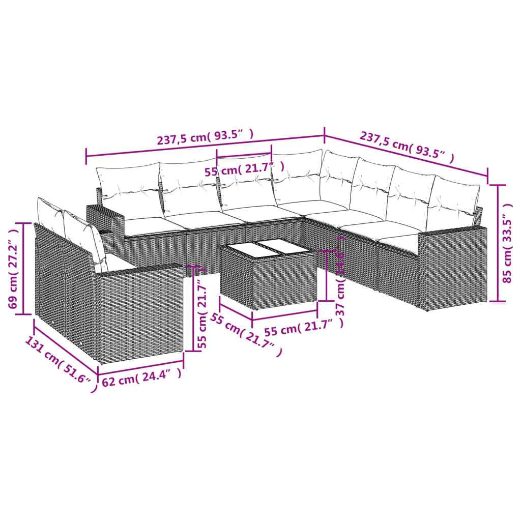 10-delige Loungeset met kussens poly rattan bruin