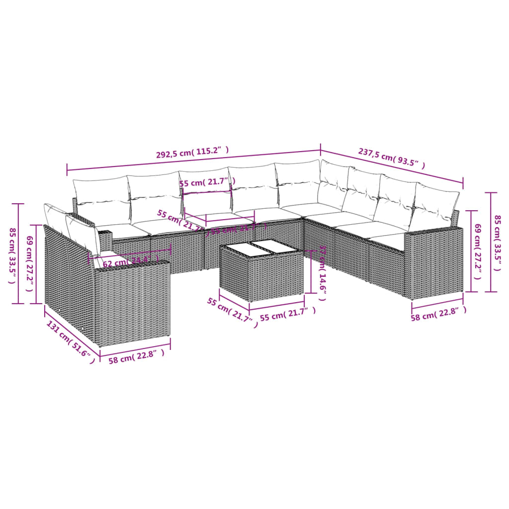 11-delige Tuinset met kussens poly rattan beige