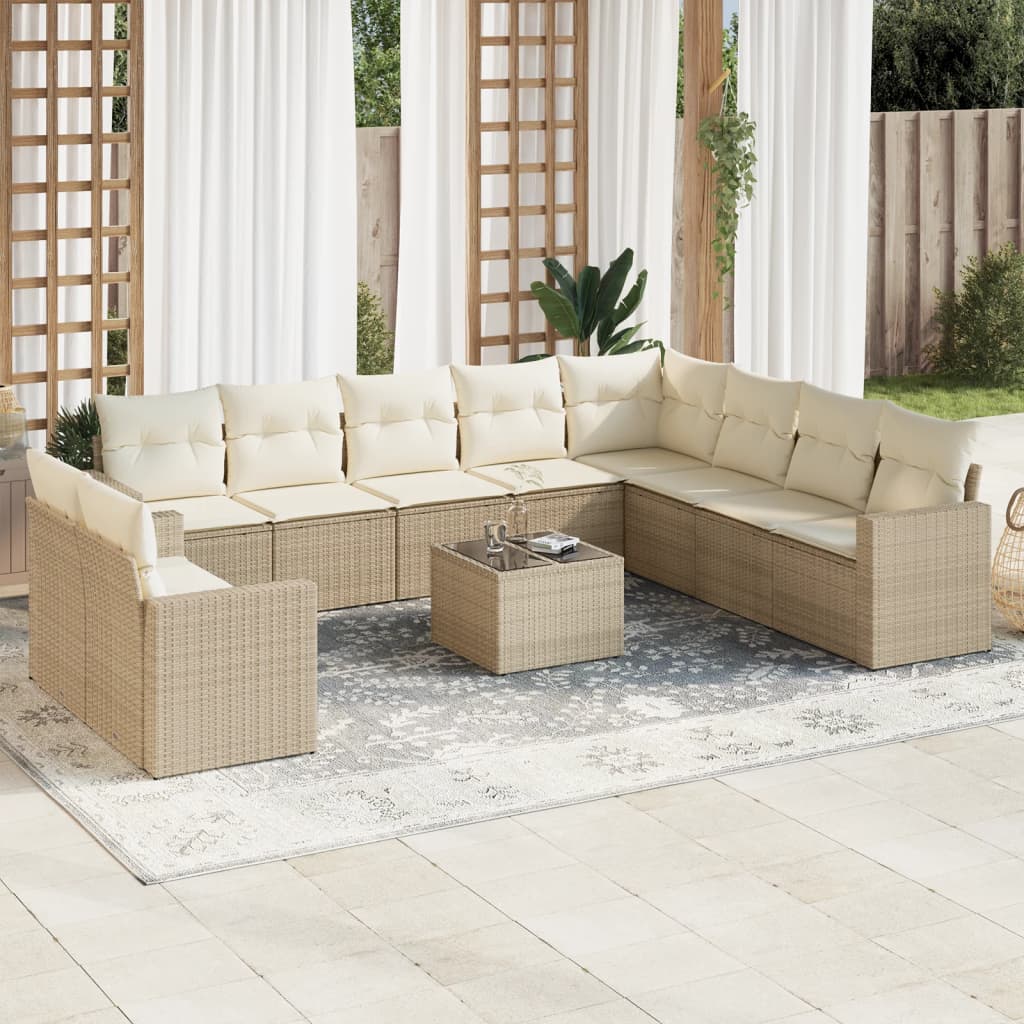 11-delige Tuinset met kussens poly rattan beige