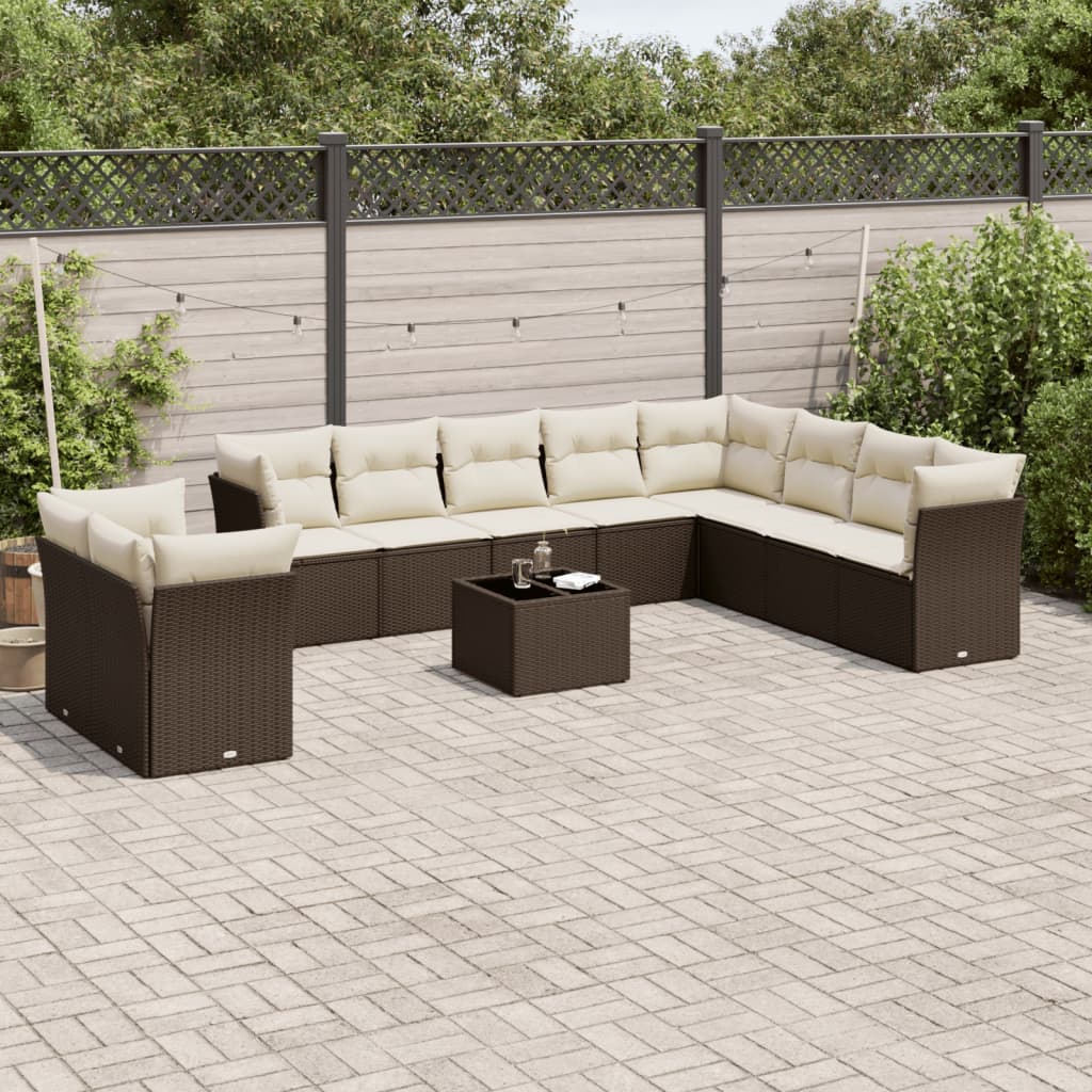 11-delige Loungeset met kussens poly rattan bruin