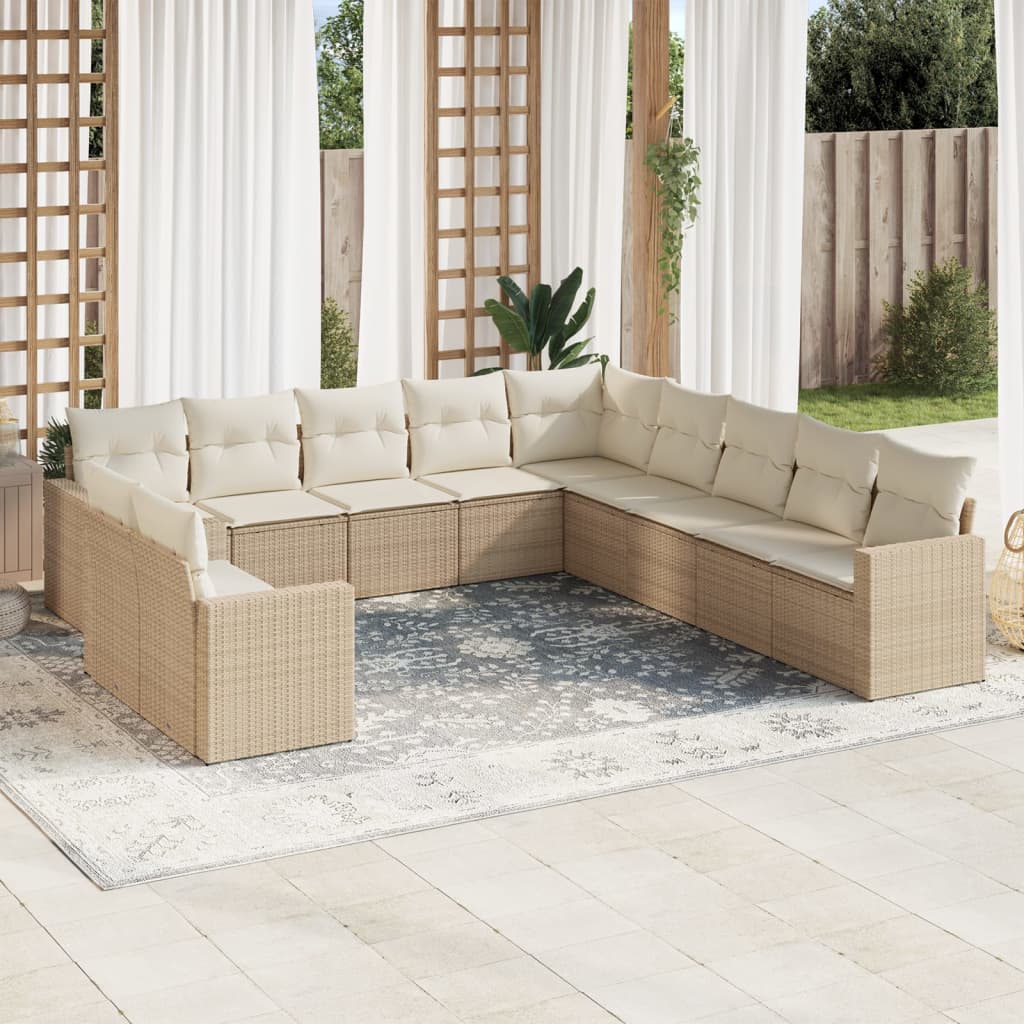 11-delige Tuinset met kussens poly rattan beige