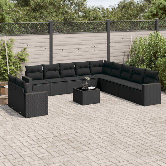 12-delige Loungeset met kussens poly rattan zwart