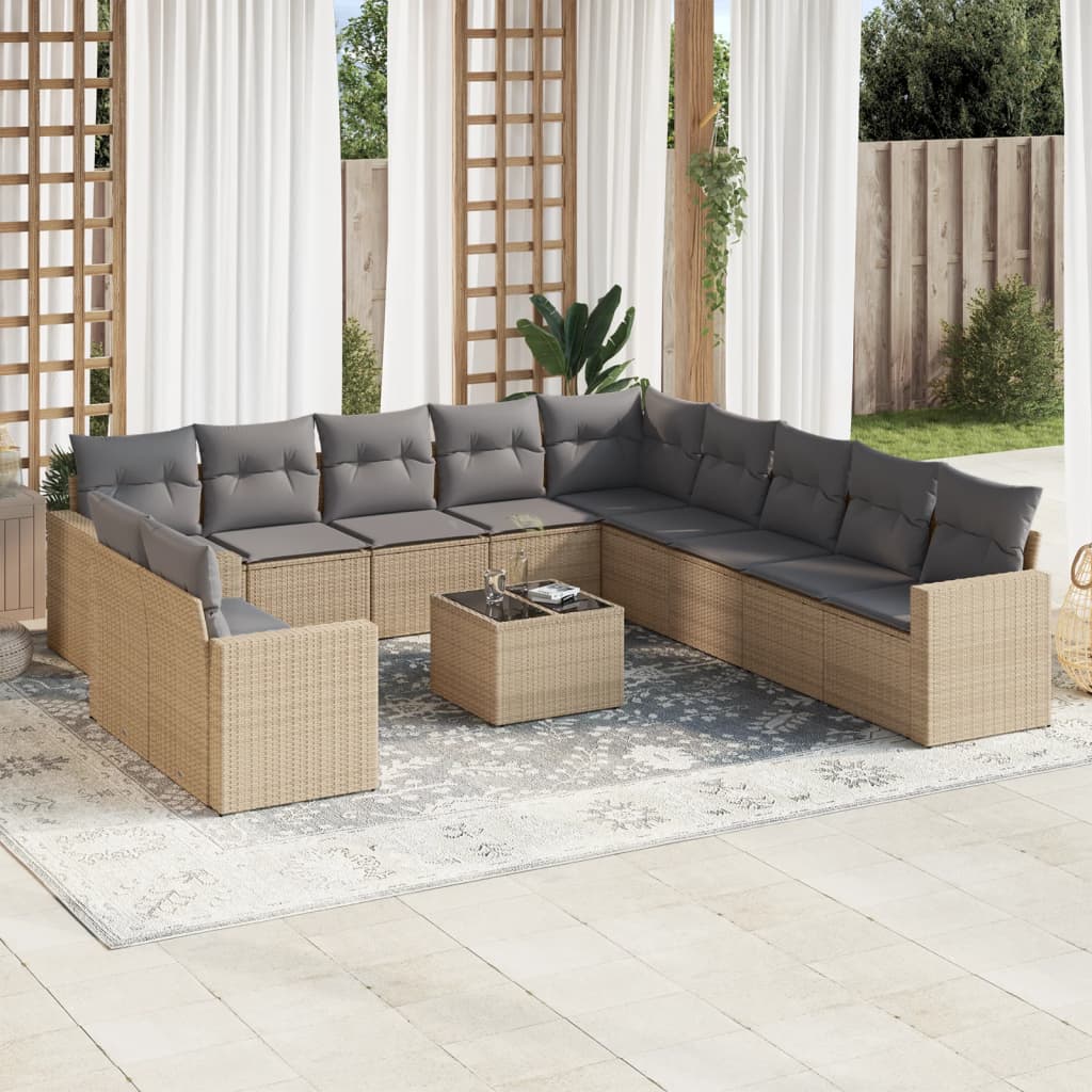 12-delige Loungeset met kussens poly rattan beige