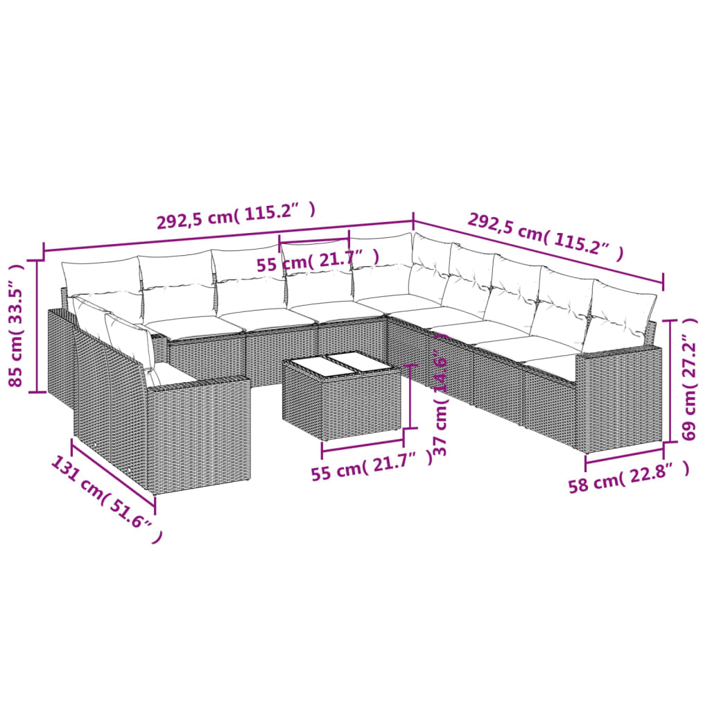 12-delige Loungeset met kussens poly rattan lichtgrijs