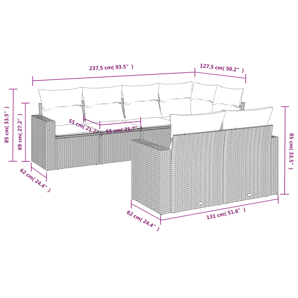 7-delige Loungeset met kussens poly rattan zwart