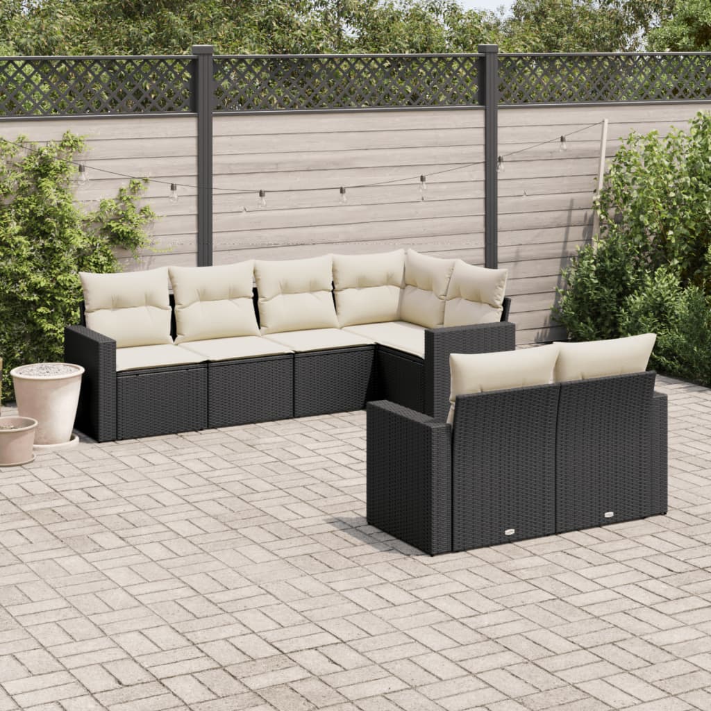 7-delige Loungeset met kussens poly rattan zwart