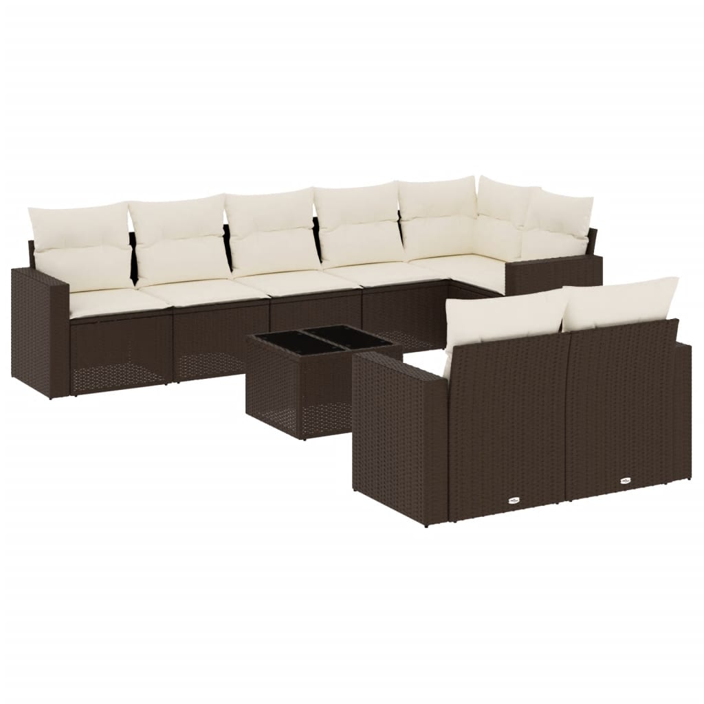 9-delige Loungeset met kussens poly rattan bruin