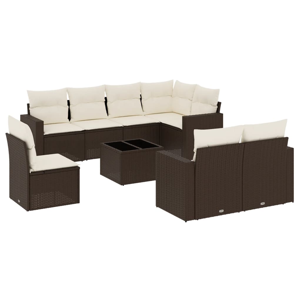 9-delige Loungeset met kussens poly rattan bruin