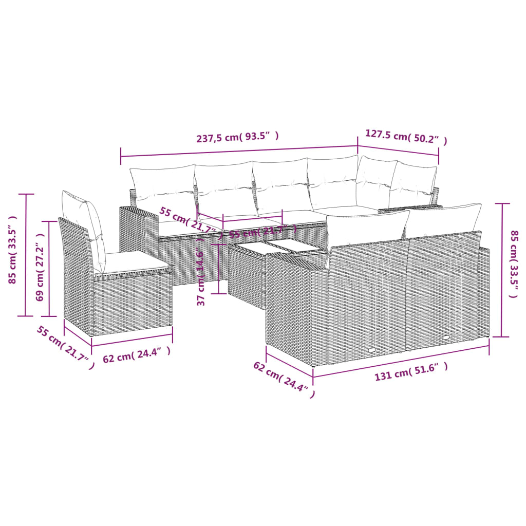 9-delige Loungeset met kussens poly rattan bruin