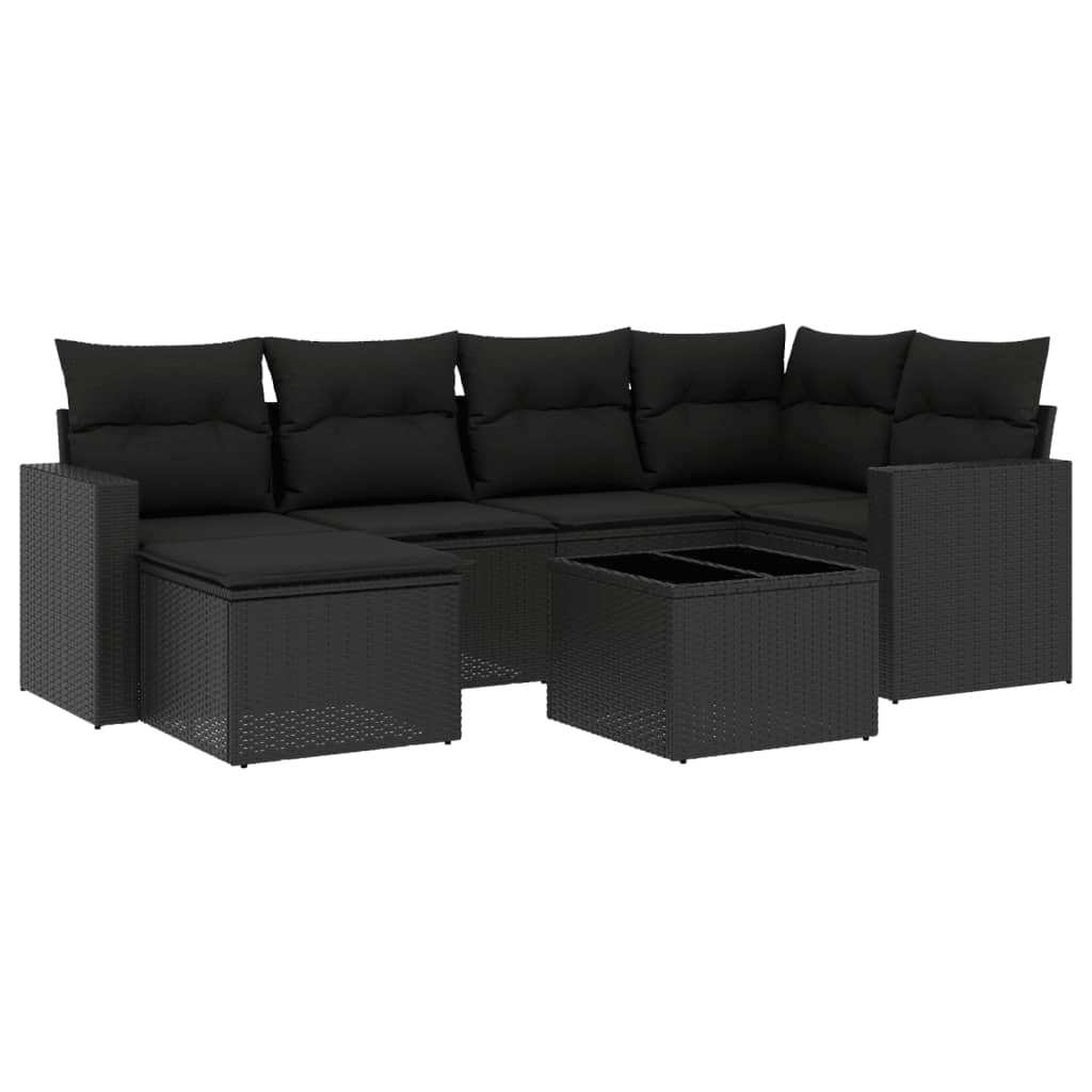 7-delige Loungeset met kussens poly rattan zwart