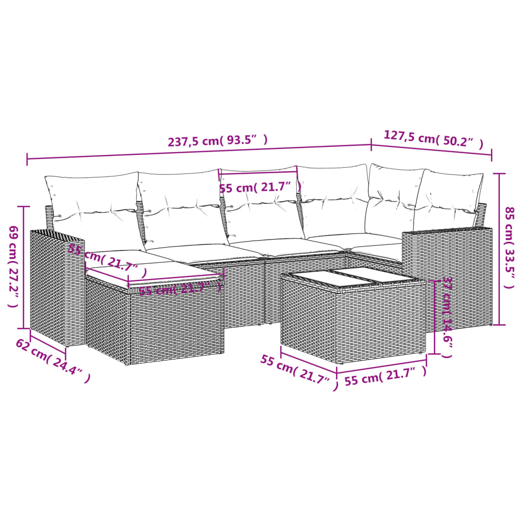 7-delige Loungeset met kussens poly rattan zwart