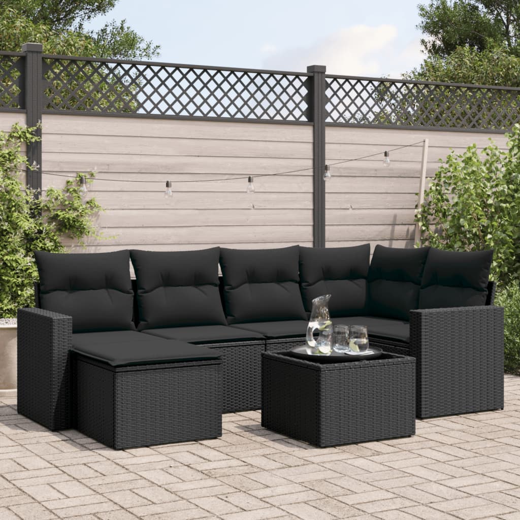 7-delige Loungeset met kussens poly rattan zwart