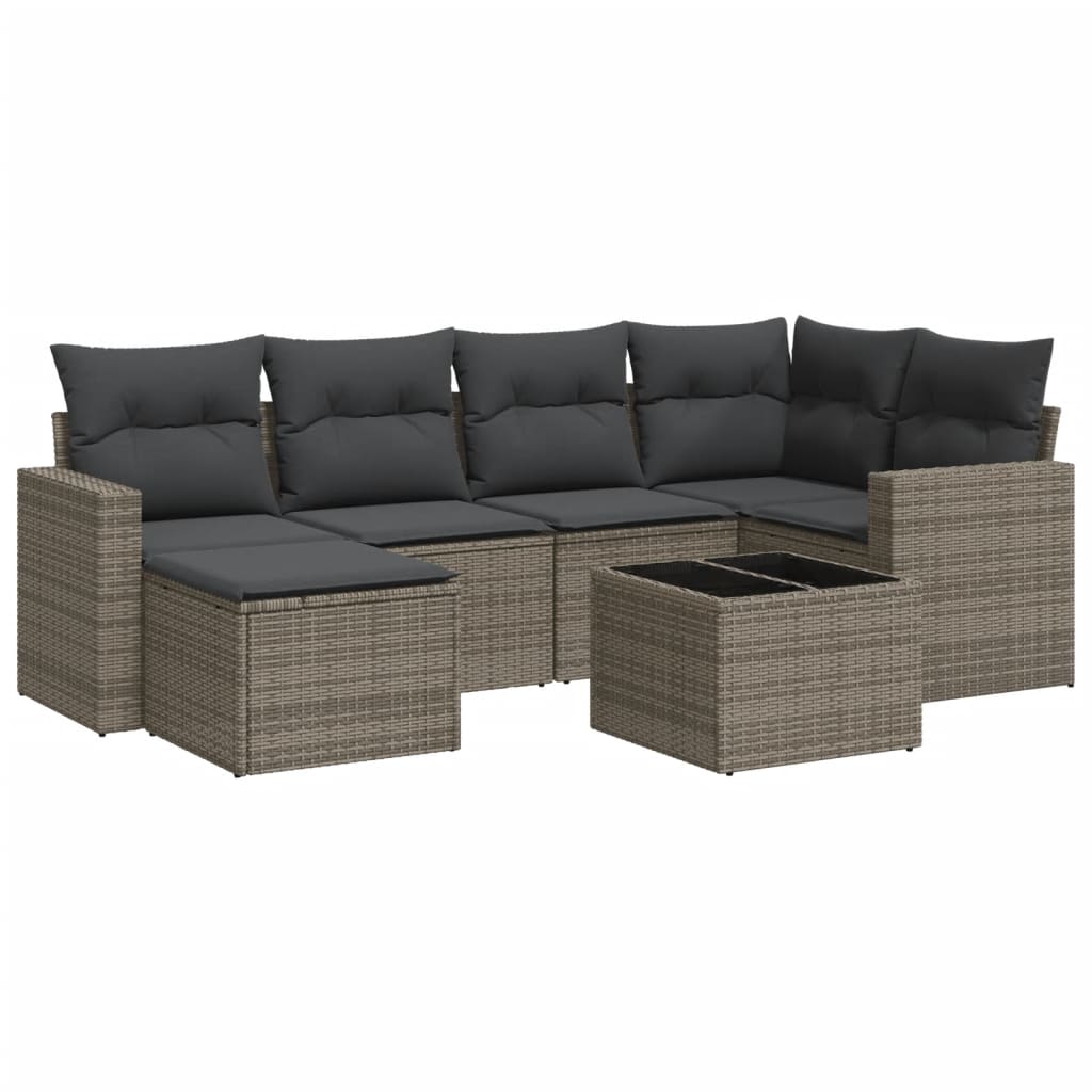 7-delige Loungeset met kussens poly rattan grijs