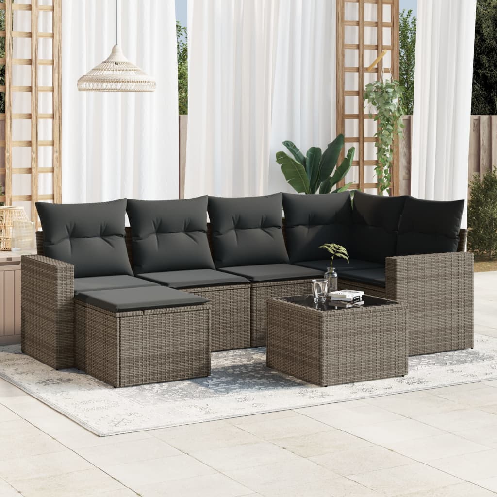 7-delige Loungeset met kussens poly rattan grijs