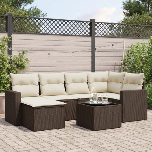 7-delige Loungeset met kussens poly rattan bruin