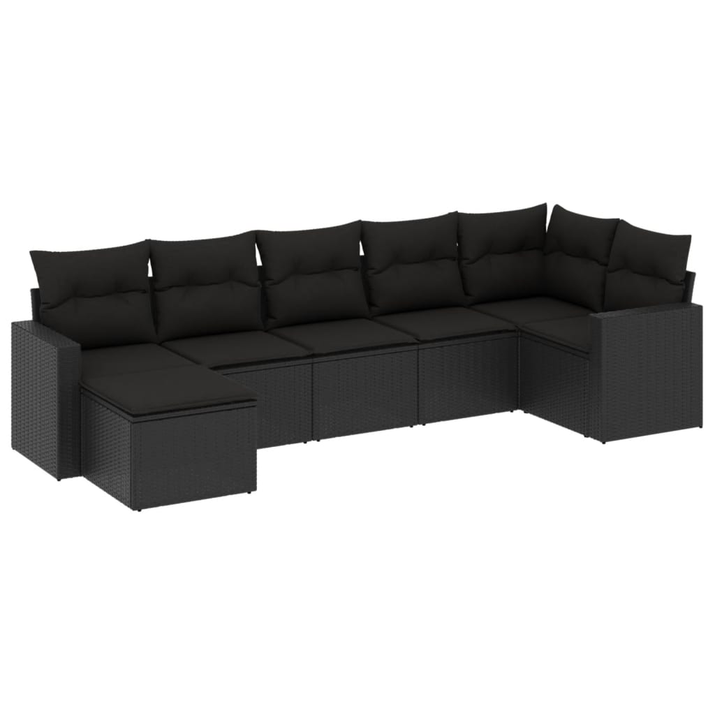 7-delige Loungeset met kussens poly rattan zwart