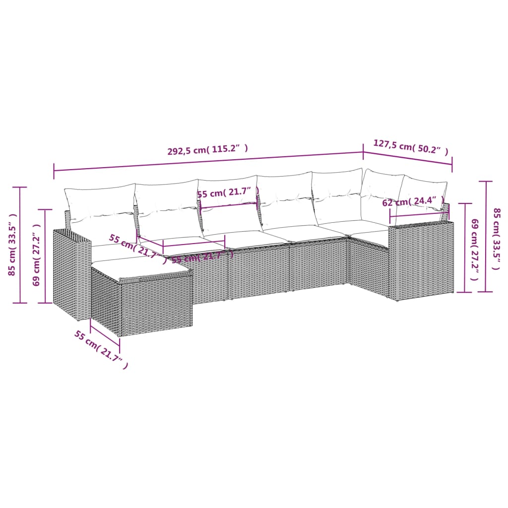 7-delige Loungeset met kussens poly rattan zwart