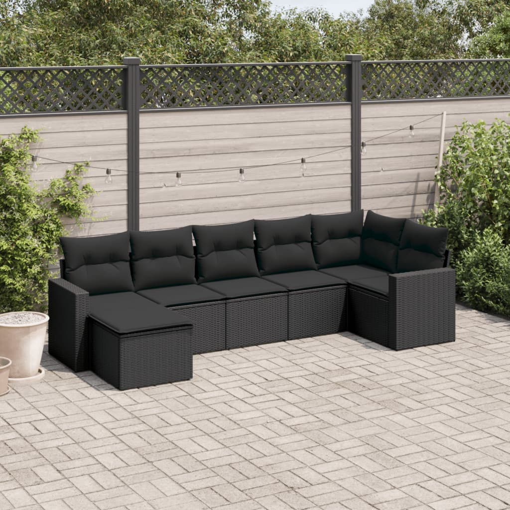 7-delige Loungeset met kussens poly rattan zwart