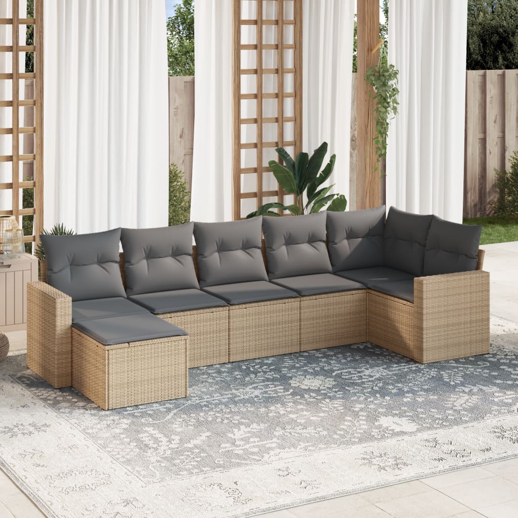 7-delige Loungeset met kussens poly rattan beige