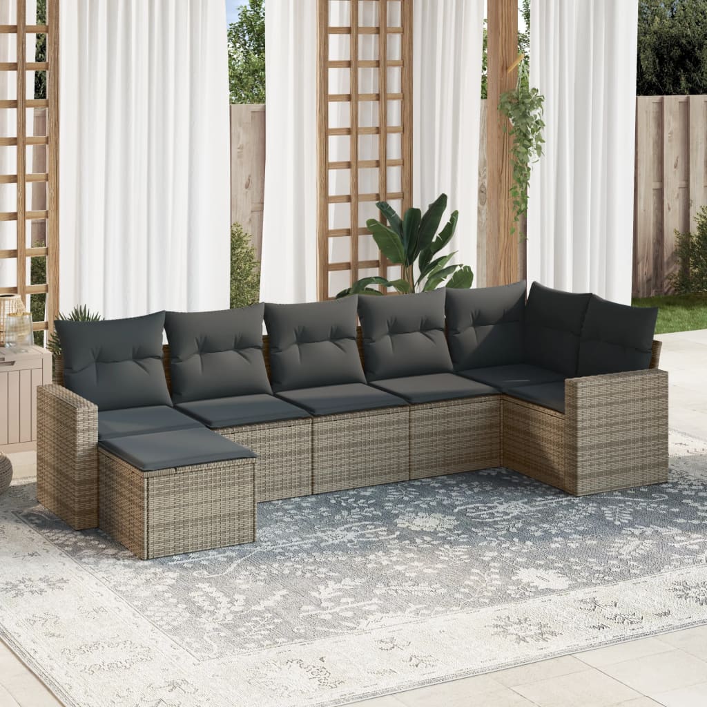 7-delige Loungeset met kussens poly rattan grijs